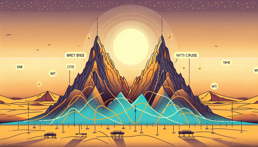 This artistic illustration depicts complex price charts and mountains representing crude oil market breakouts.