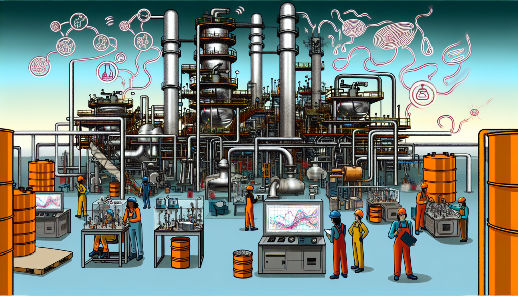 This illustration shows industrial plant workers analyzing data for effective calendar spread trading strategies.