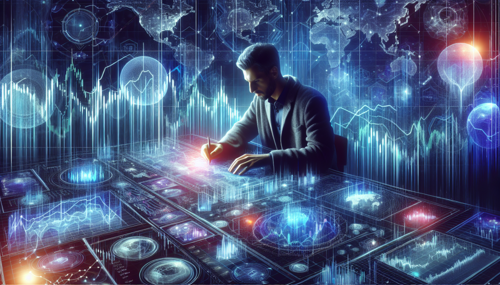 A high-tech digital illustration of a trader working at a glowing holographic desk filled with global maps, financial charts, and candlestick patterns, representing advanced market analysis and preparation.