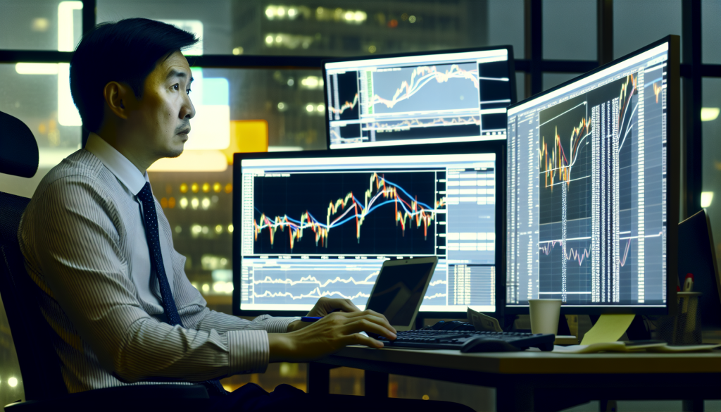 A dedicated trader monitors live market data on multiple screens while analyzing crude oil volatility.