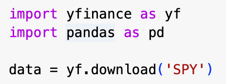 A small snippet of Python code on a light background showing three lines of script: importing the yfinance library as yf, importing the pandas library as pd, and calling the yf.download function with the ticker symbol SPY in single quotes to retrieve historical market data.