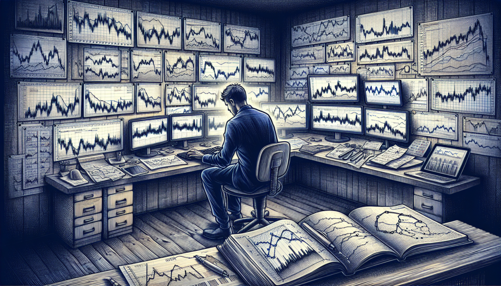 A detailed sketch-style illustration of a trader in a room filled with dozens of financial charts on the walls and monitors