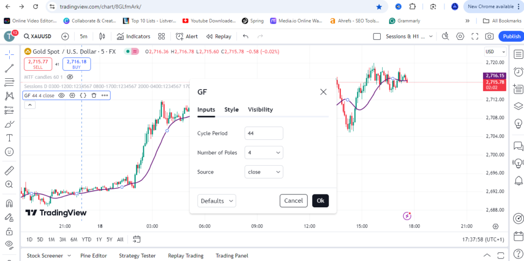 A trading platform settings window for configuring the Gaussian Filter indicator input parameters.