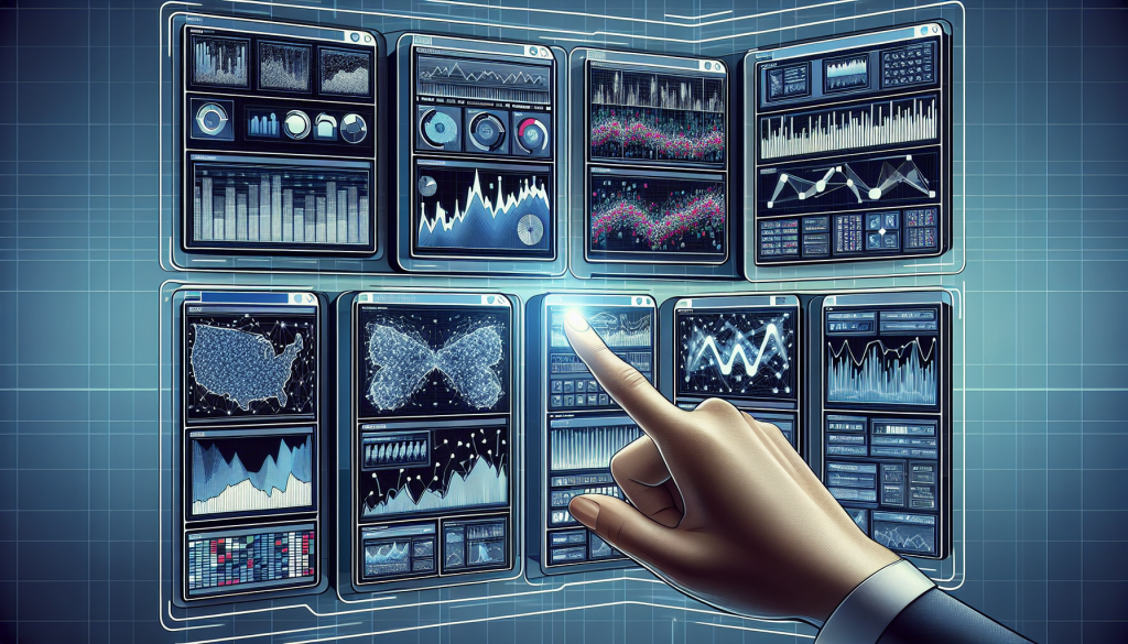 A digital illustration of a hand interacting with a high-tech touchscreen interface displaying various trading charts, world maps, and data visualization modules