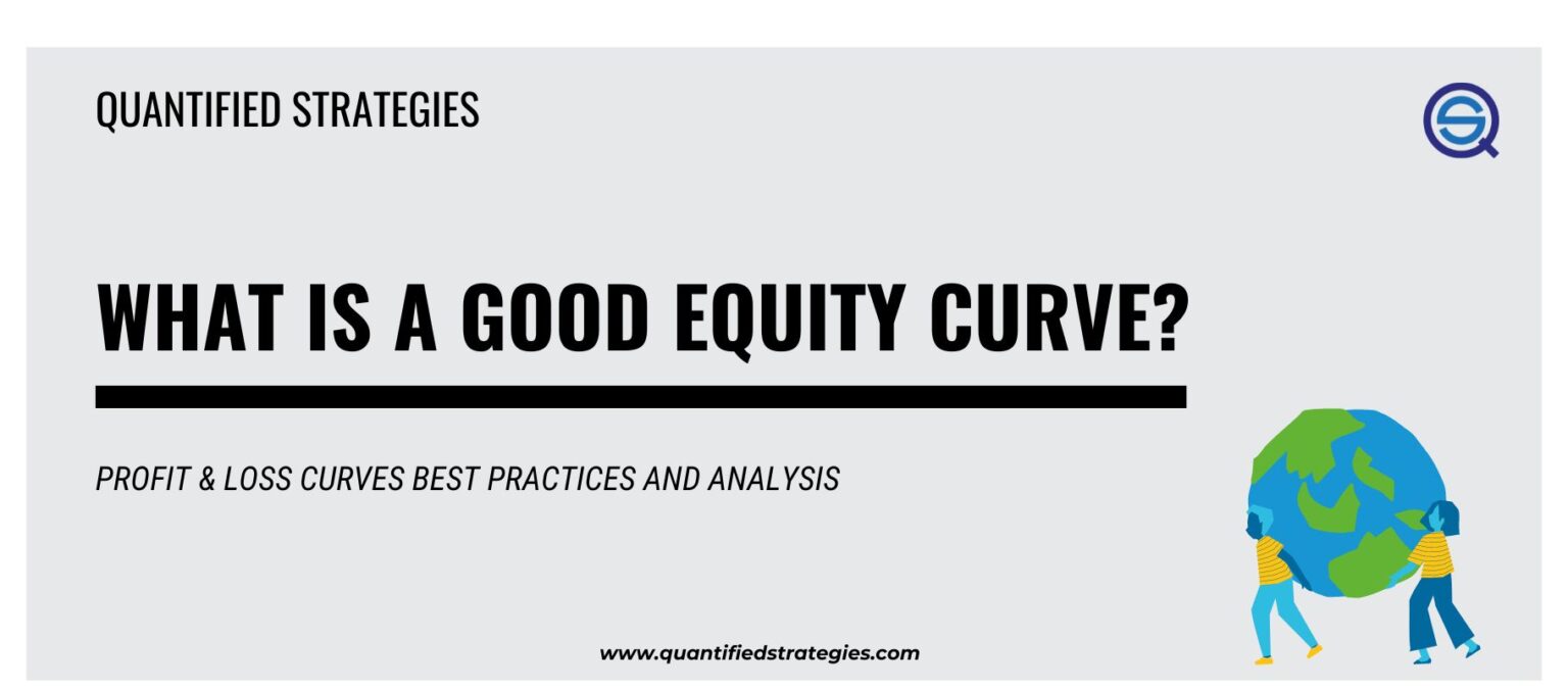 A clean, light grey promotional graphic for Quantified Strategies titled "What Is A Good Equity Curve?" featuring an illustration of two people carrying a globe.