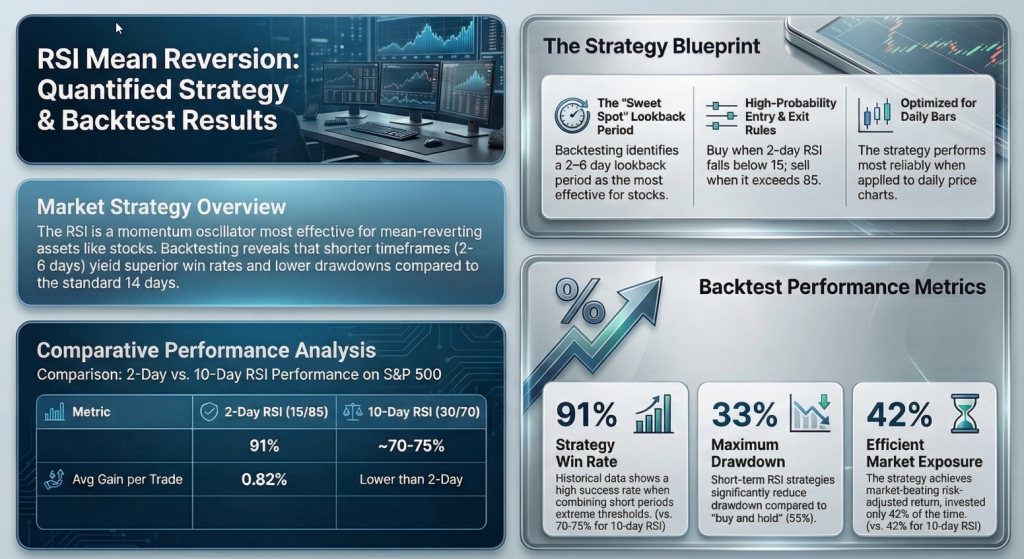 An infographic titled "RSI Mean Reversion: Quantified Strategy & Backtest Results" displaying a high-probability stock trading strategy. It compares a short-term 2-day RSI (15/85 thresholds) against a standard 10-day RSI, highlighting a 91% win rate, a 33% maximum drawdown, and 42% market exposure.