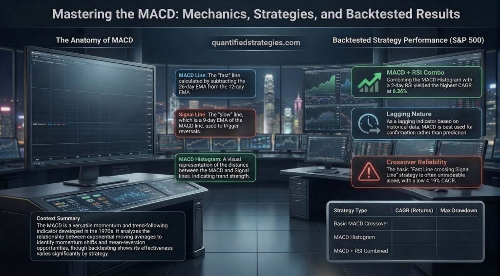 An infographic titled "Mastering the MACD: Mechanics, Strategies, and Backtested Results" from quantifiedstrategies.com, featuring computer screens displaying stock charts with MACD indicators, explanations of its components (MACD Line, Signal Line, Histogram), strategy combinations like MACD + RSI, warnings on reliability, and a partial table of backtested performance metrics for S&P 500 strategies.