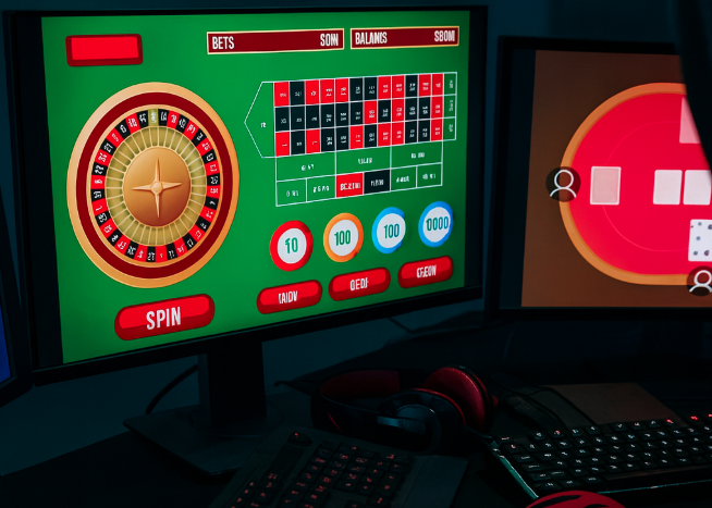 A person in a dark hoodie using multiple monitors to play online gambling games, including roulette and poker, in a dimly lit room with red-lit keyboards and glowing screens.