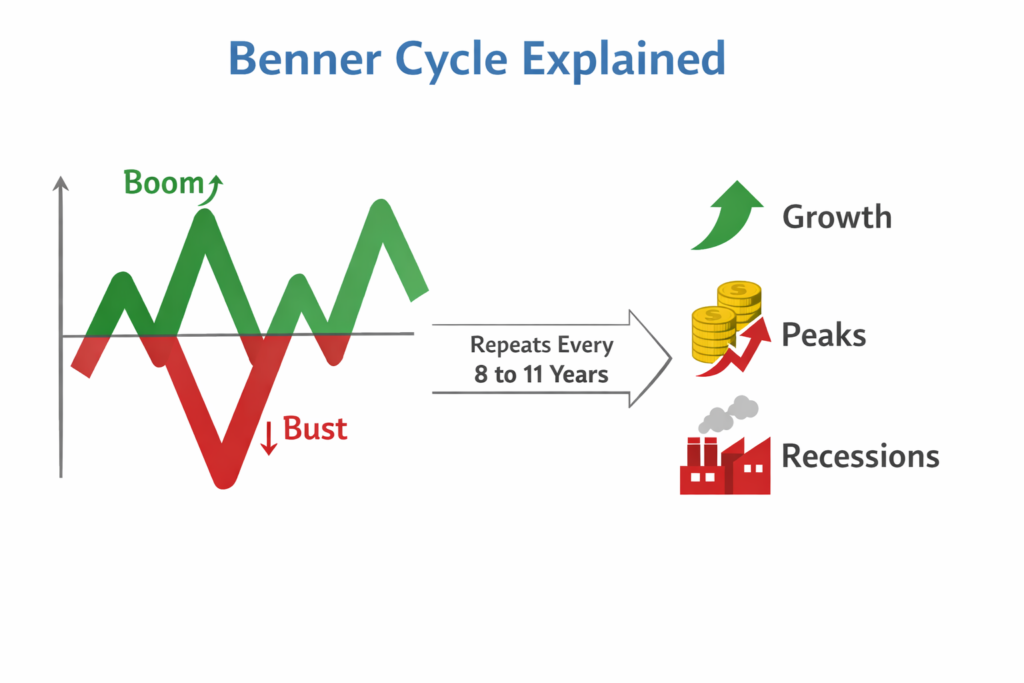 Minimalist infographic explaining the Benner Cycle with a wave-like market pattern showing recurring booms and busts, highlighting an 8–11 year cycle of economic growth, peaks, and recessions.