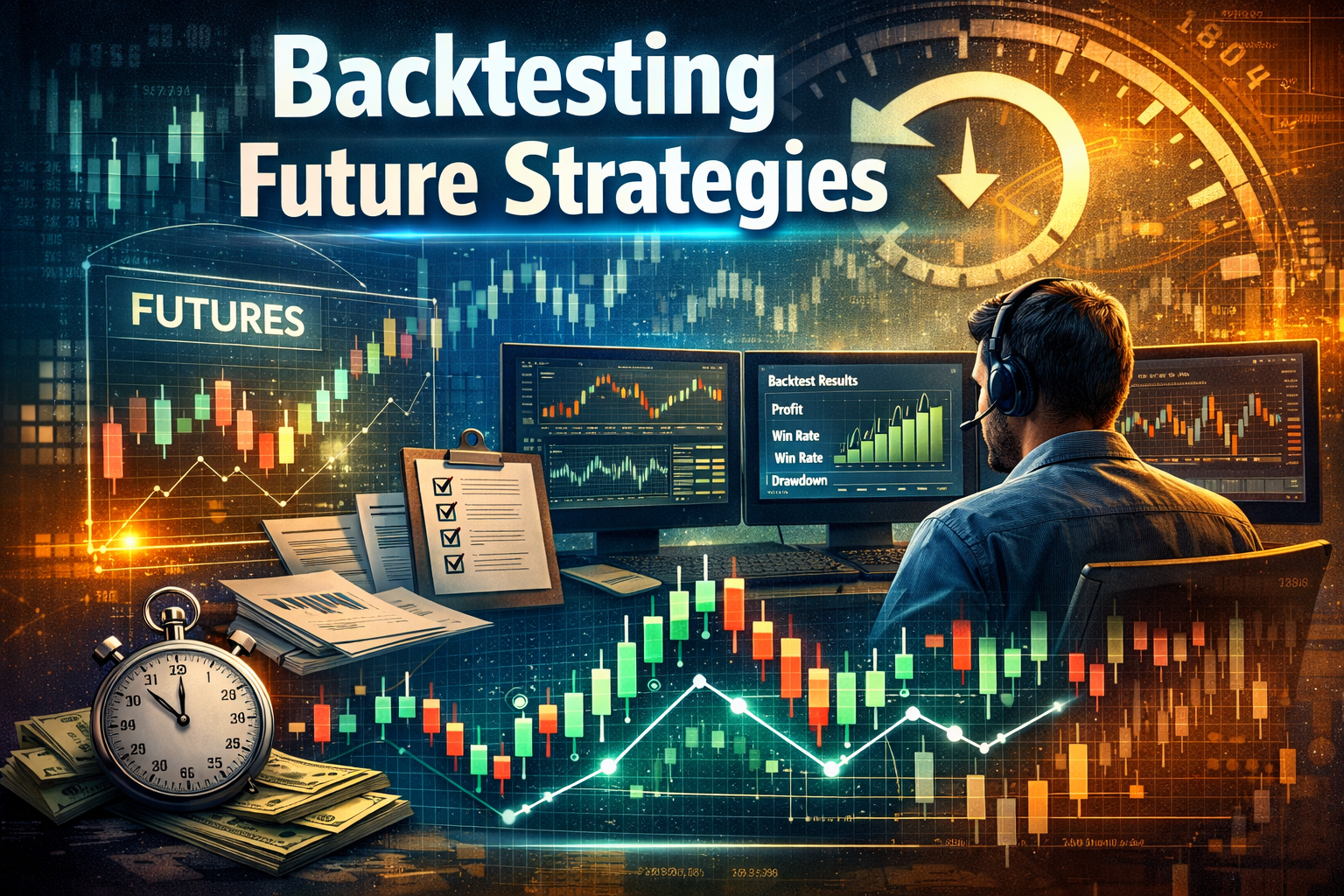 Backtesting futures trading strategy concept showing trader analyzing charts and performance metrics on multiple screens