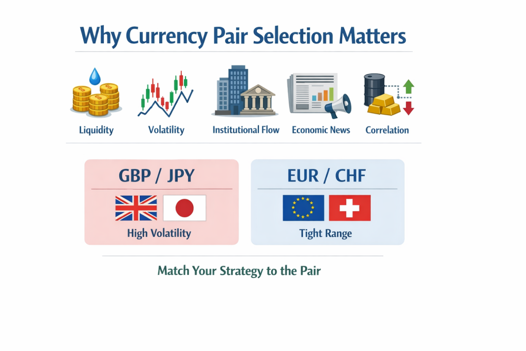 Minimalist forex infographic explaining why currency pair selection matters, highlighting liquidity, volatility, institutional flow, economic news impact, and correlations, with a visual comparison between GBP/JPY high volatility and EUR/CHF tight trading range.