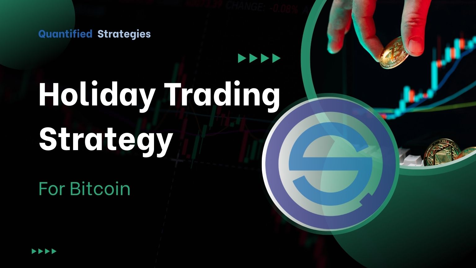 A professional article header titled "Holiday Trading Strategy For Bitcoin" featuring a hand placing a Bitcoin coin and a glowing price chart in the background.