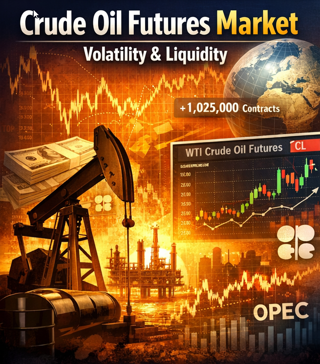 An infographic for the Crude Oil Futures Market featuring an oil pump jack, global map, and trading charts with labels for "Volatility & Liquidity," "WTI Crude Oil Futures CL," and "OPEC".