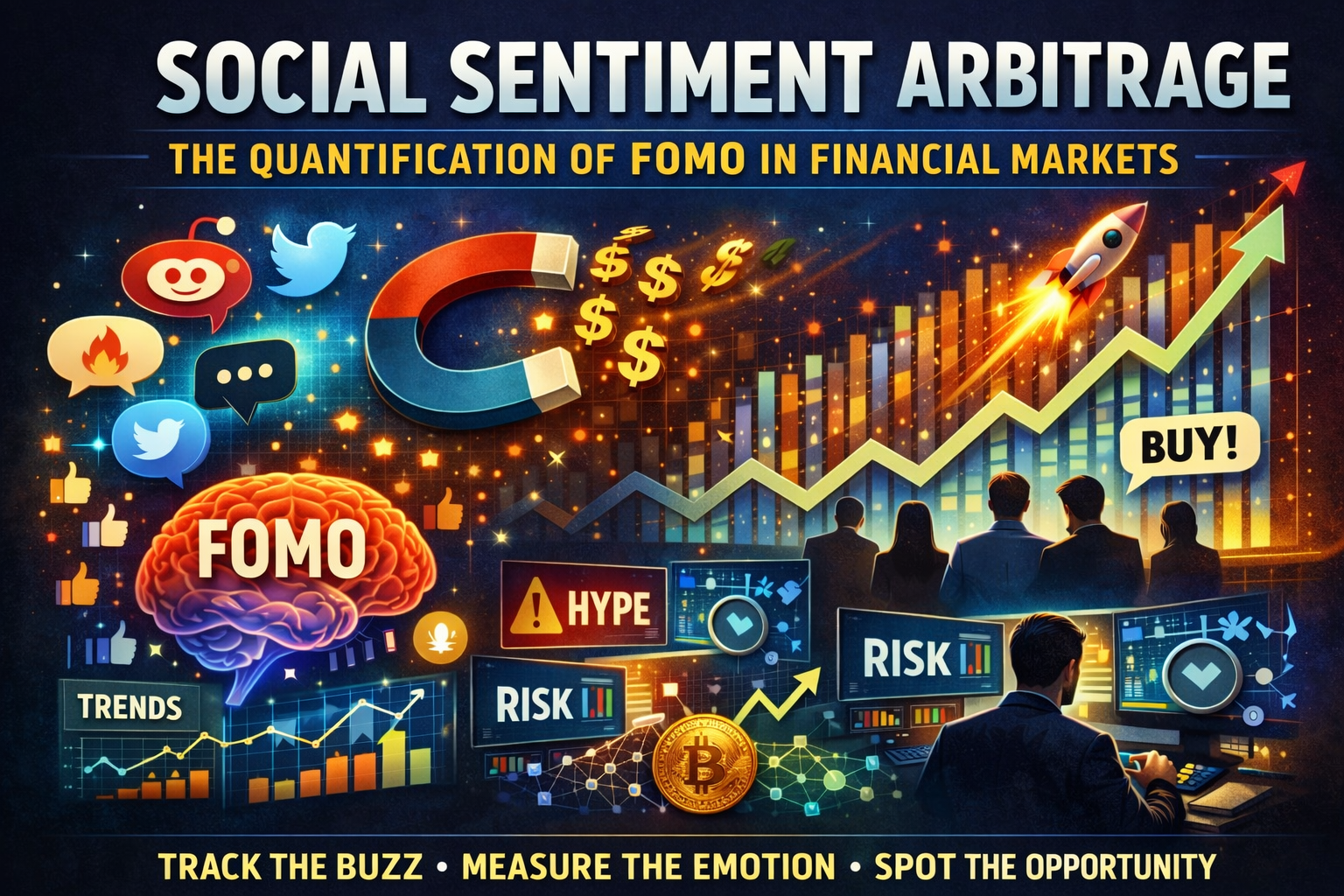Illustration av social sentiment arbitrage: sociala medier-ikoner, FOMO-hjärna, magnet som drar pengar, stigande aktiegraf och trader som analyserar marknadsdata.