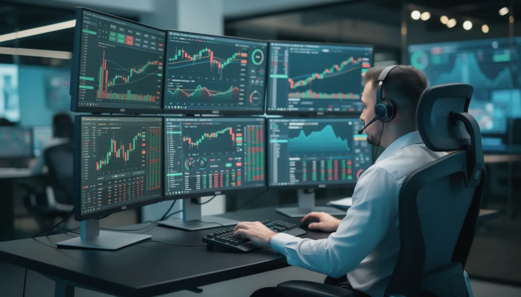 A professional trader in a high-tech trading station with six monitors displaying various candlestick charts, technical indicators, and automated trading interfaces.