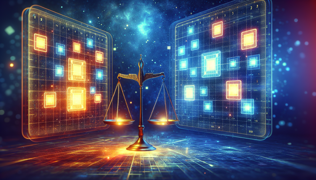 A digital art illustration featuring a glowing golden scale of justice set against two holographic screens with data grids, symbolizing the balance of risk and reward in futures trading.