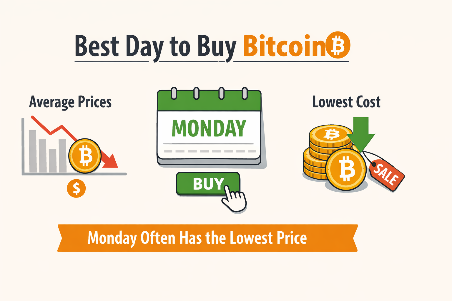 Minimalist infographic showing Monday as the best day of the week to buy Bitcoin based on historical price trends