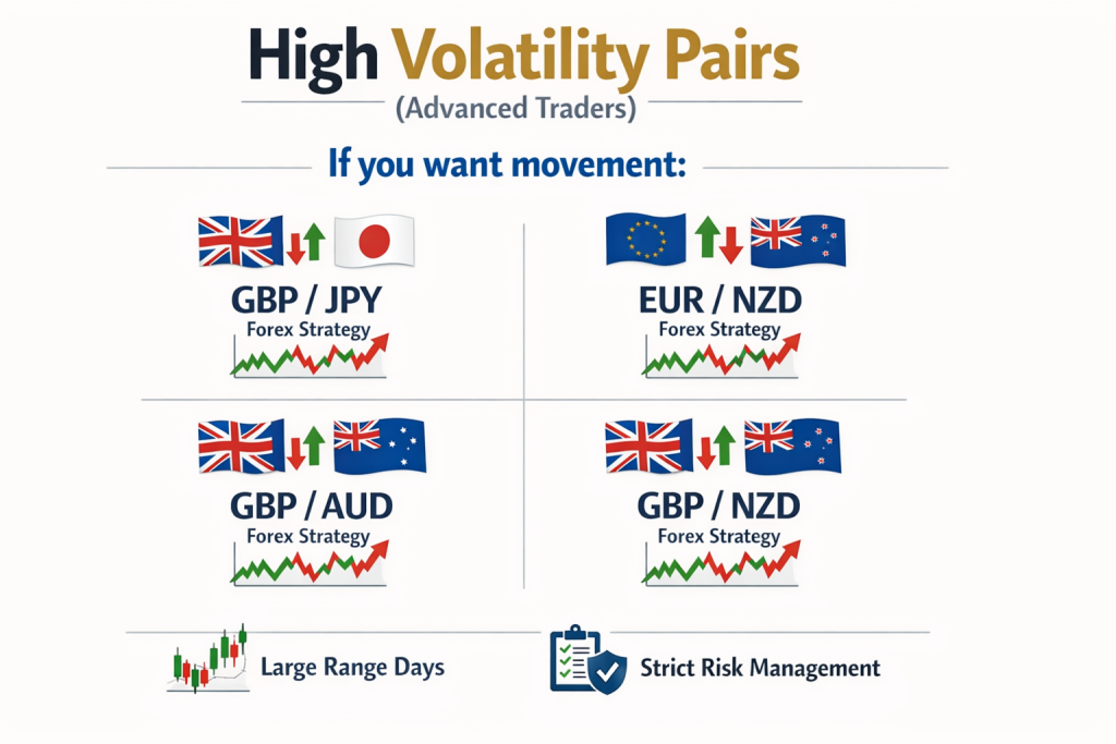 Minimalist infographic showing high volatility forex pairs for advanced traders, highlighting GBP/JPY, EUR/NZD, GBP/AUD, and GBP/NZD as pairs with large daily price ranges and higher risk.