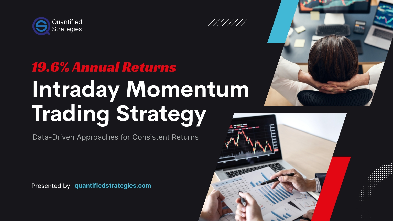 An infographic titled "Intraday Momentum Trading Strategy" showcasing 19.6% annual returns with a data-driven approach for consistent market gains.