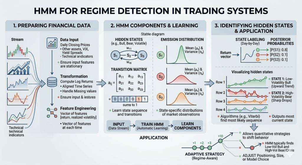 A detailed flow chart titled "HMM for Regime Detection in Trading Systems." It is divided into three sections: 1) Preparing Financial Data (cleaning and feature engineering), 2) HMM Components & Learning (Hidden States, Transition Matrix, and Emission Distributions), and 3) Identifying Hidden States & Application (posterior probabilities, Viterbi algorithm, and adaptive strategy implementation).