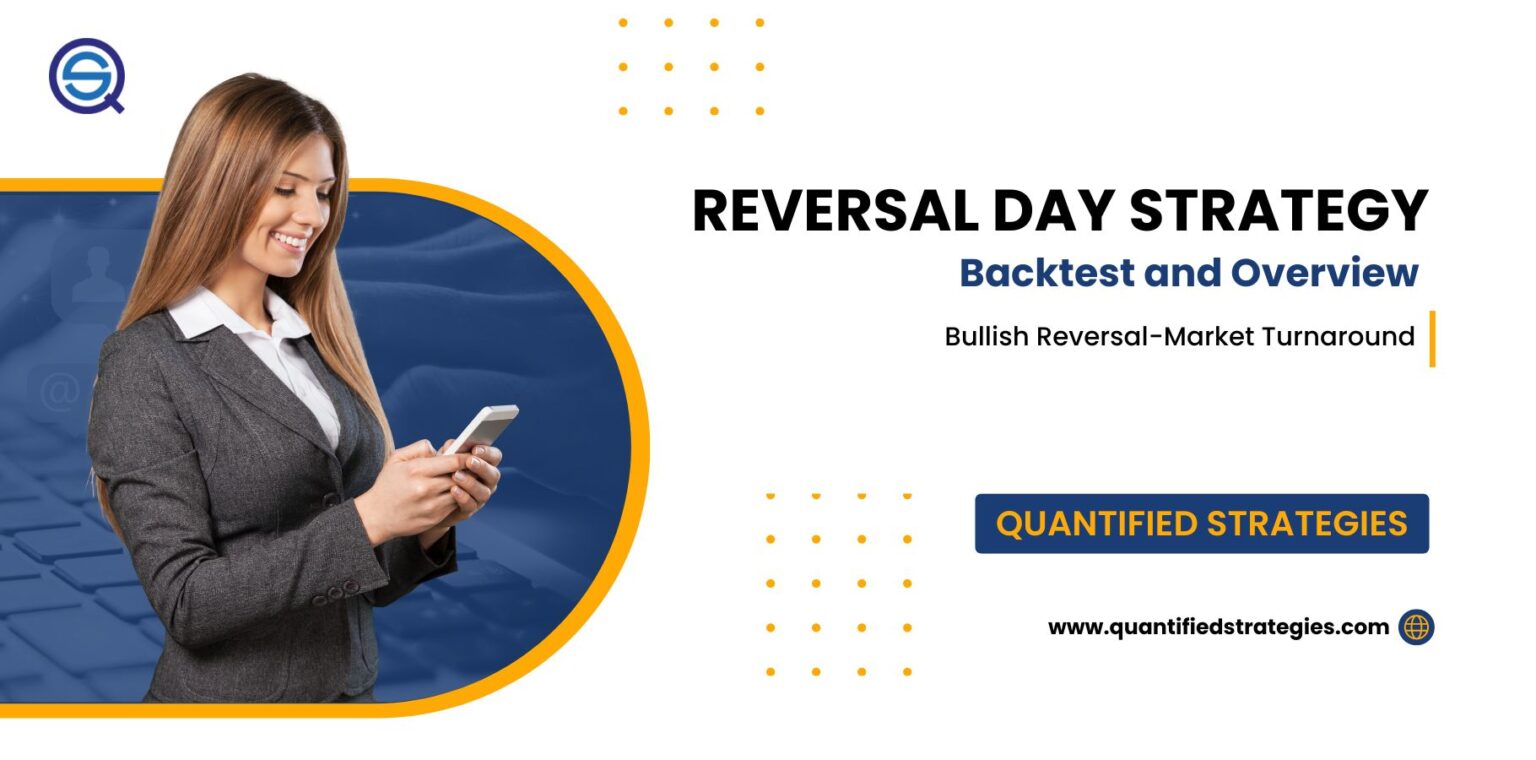 A professional banner for a "Reversal Day Strategy" article, featuring a businesswoman using a smartphone alongside text that highlights "Backtest and Overview" for Bullish Reversal market turnarounds.