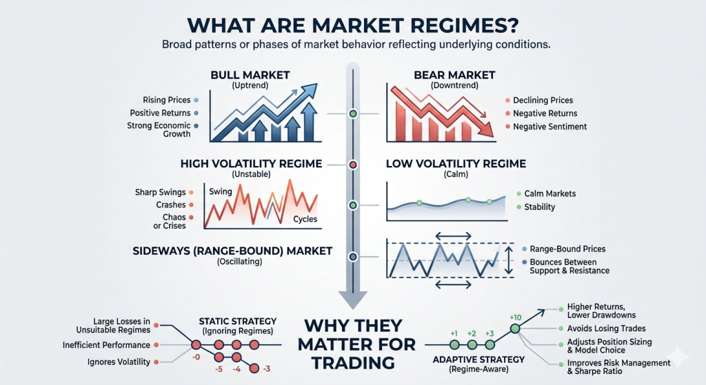 An educational infographic titled "What are Market Regimes?" illustrating five market phases: Bull (Uptrend), Bear (Downtrend), High Volatility (Unstable), Low Volatility (Calm), and Sideways (Range-Bound). It compares a "Static Strategy" with poor performance against an "Adaptive Strategy" that uses regime awareness to achieve higher returns and better risk management.