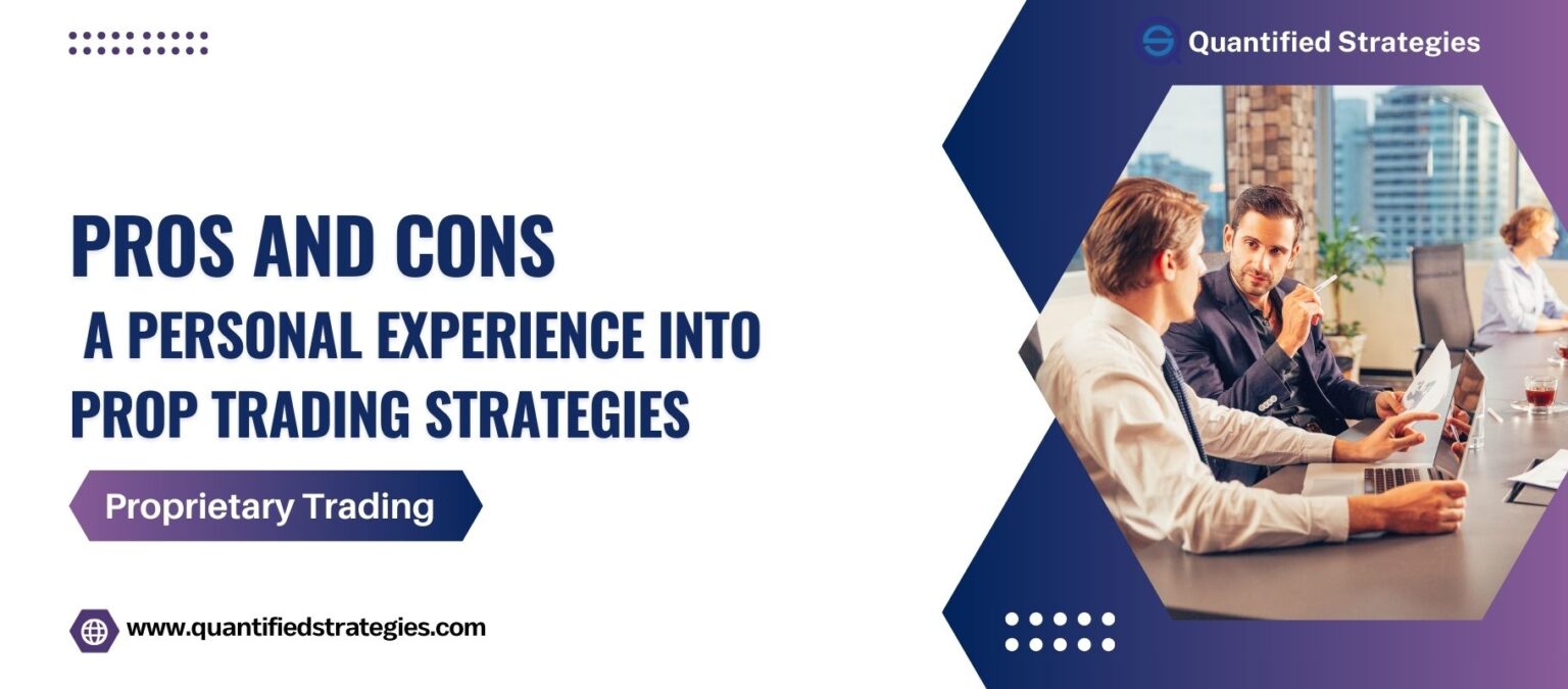 Featured header image for an article on proprietary trading showing two professionals in an office setting discussing trading strategies on a laptop.