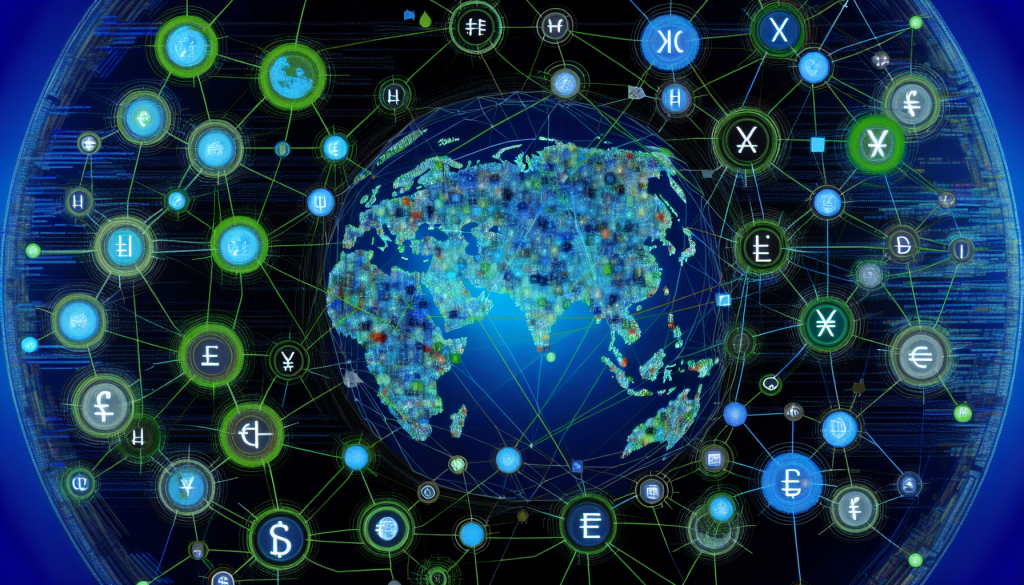 A digital visualization of a glowing world map interconnected by a web of nodes featuring various international currency symbols, representing the global network of futures exchanges.