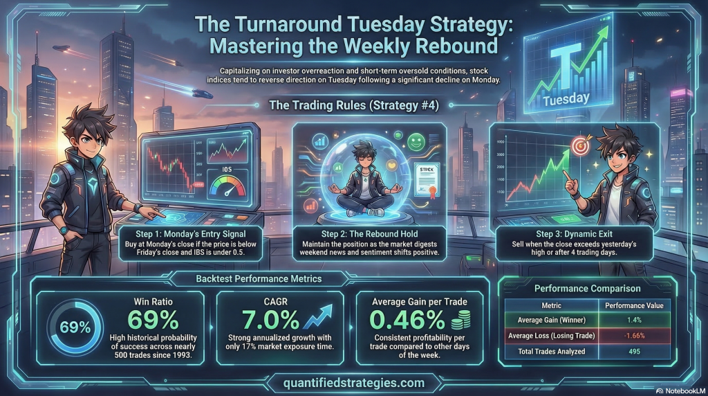 Turnaround Tuesday stock trading strategy infographic showing weekly rebound rules, entry and exit signals, and backtest performance metrics