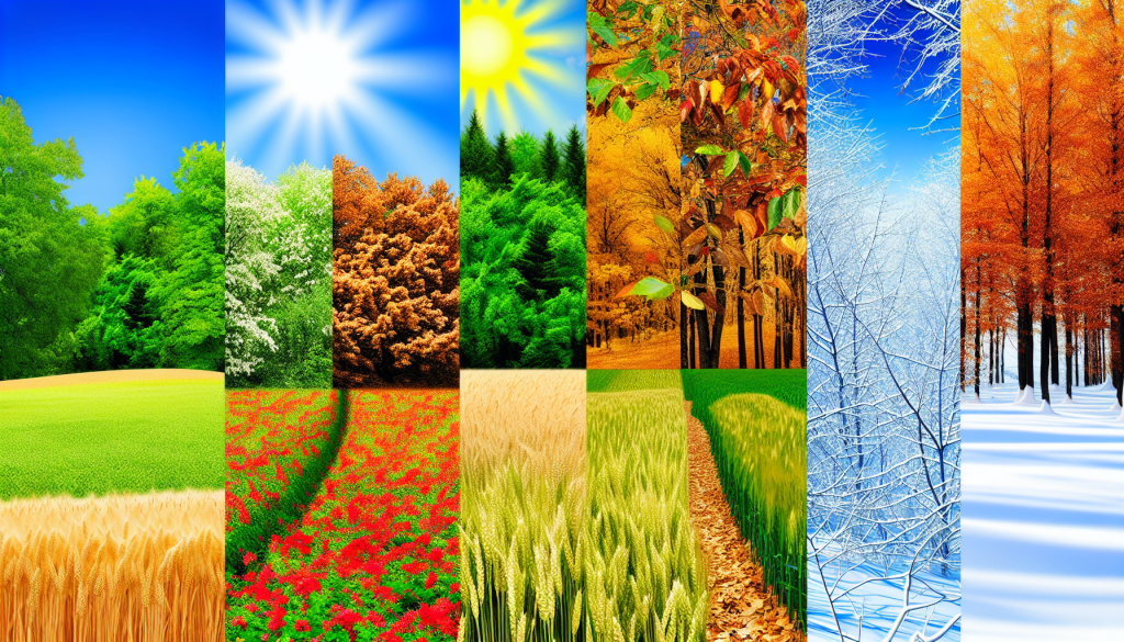 A vibrant panoramic collage of nature scenes representing the four seasons—spring, summer, autumn, and winter—used to illustrate seasonal market cycles.