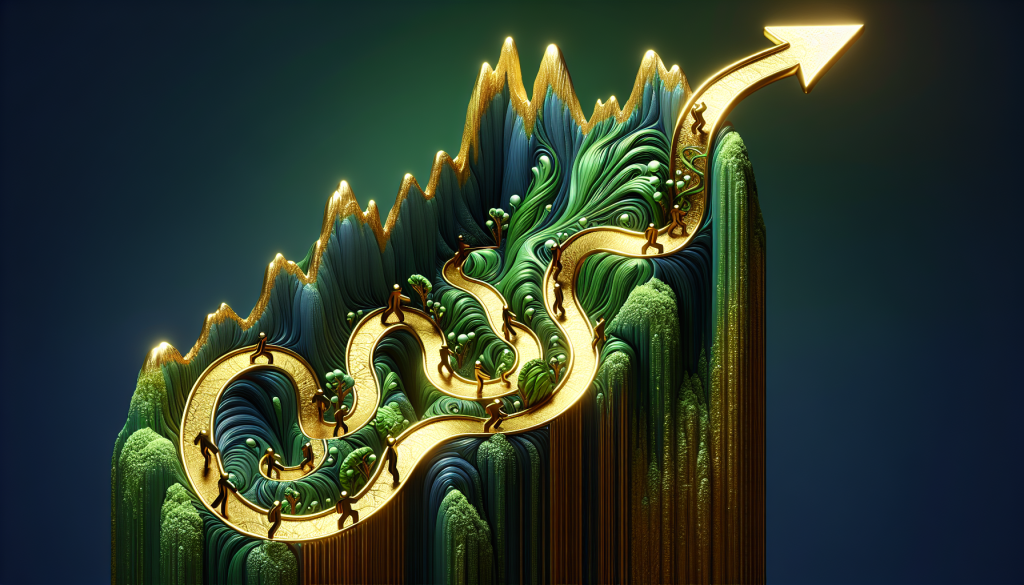 A 3D digital art illustration of small figures climbing a winding golden path up a steep, stylized green and blue mountain, culminating in a rising arrow, representing the guided journey of traders.
