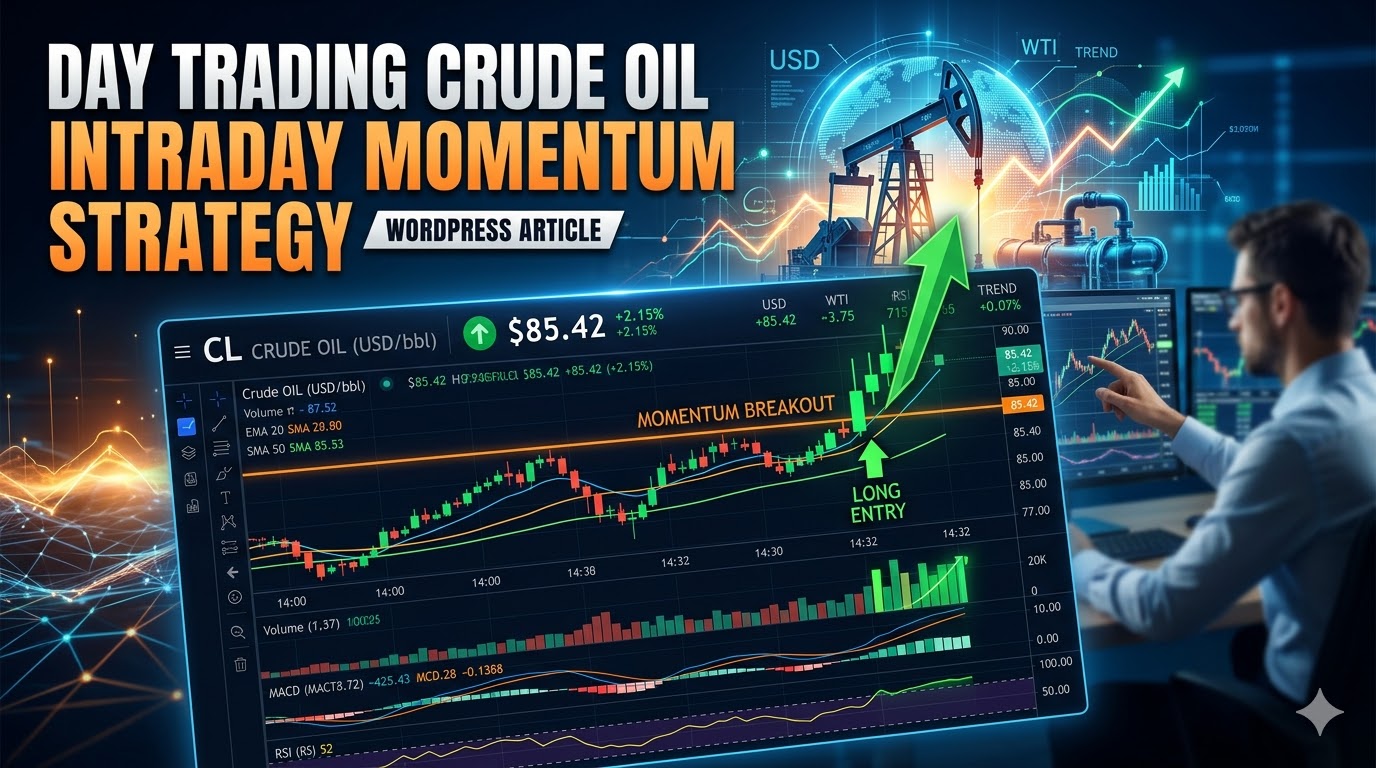 En grafik för en artikel om daytrading med råolja som visar en digital skärm med ett ljusstakediagram (candlestick chart) för "Crude Oil (USD/bbl)" på $85.42. Diagrammet visar en "Momentum Breakout" med en grön pil uppåt markerad som "Long Entry". I bakgrunden syns en oljepump, en man som arbetar vid flera datorskärmar och rubriken "Day Trading Crude Oil Intraday Momentum Strategy".