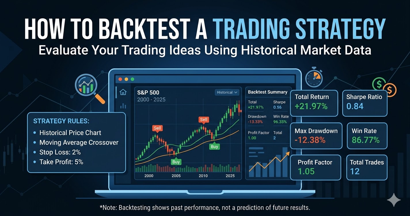 A professional trading dashboard on a laptop screen showing a backtesting simulation of the S&P 500 from 2000 to 2025, featuring price charts with buy/sell signals and key performance metrics like Total Return, Max Drawdown, and Sharpe Ratio.