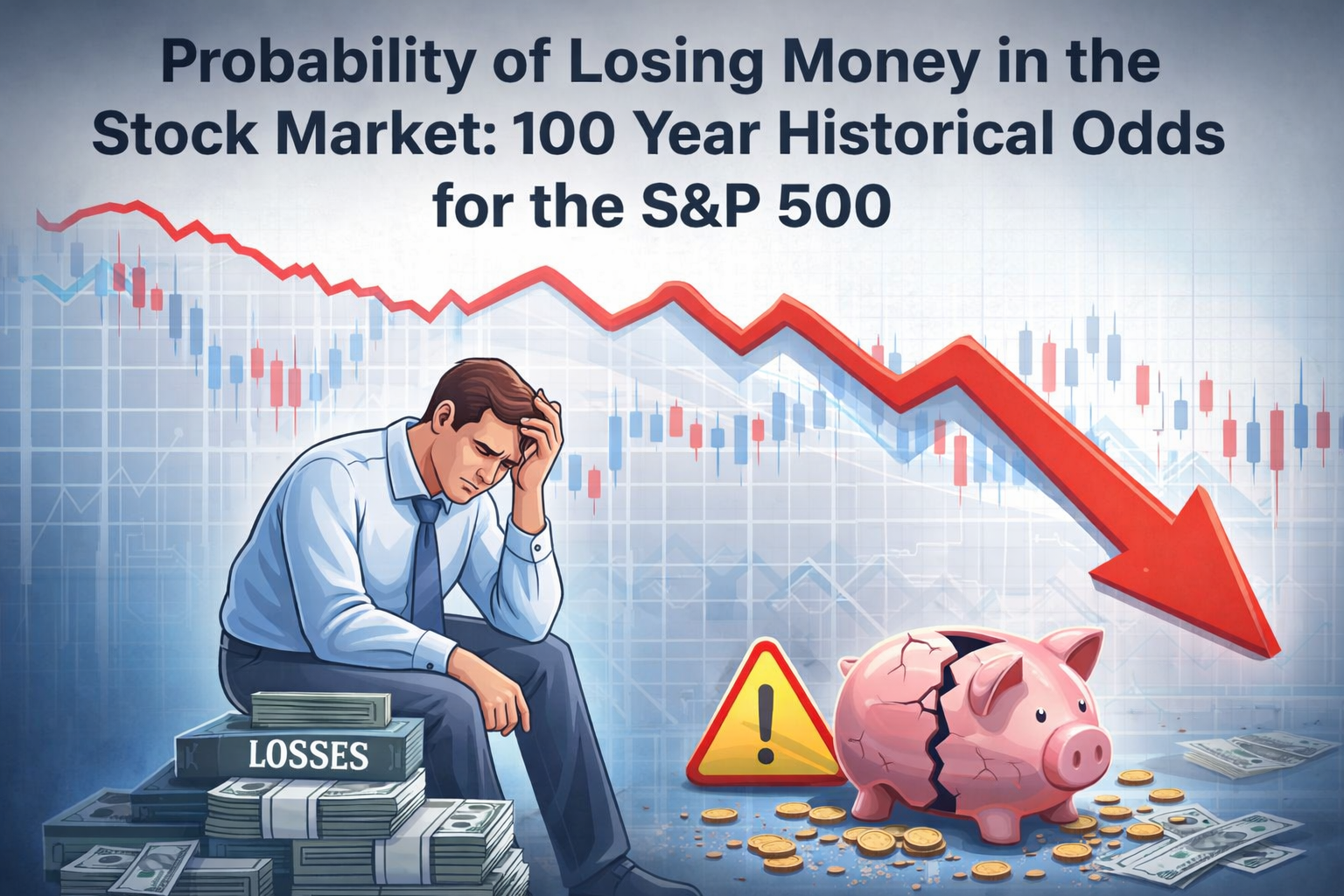 Stock market risk illustration showing a falling chart, worried investor, and broken piggy bank representing the probability of losing money in the stock market and long-term S&P 500 investment risk.