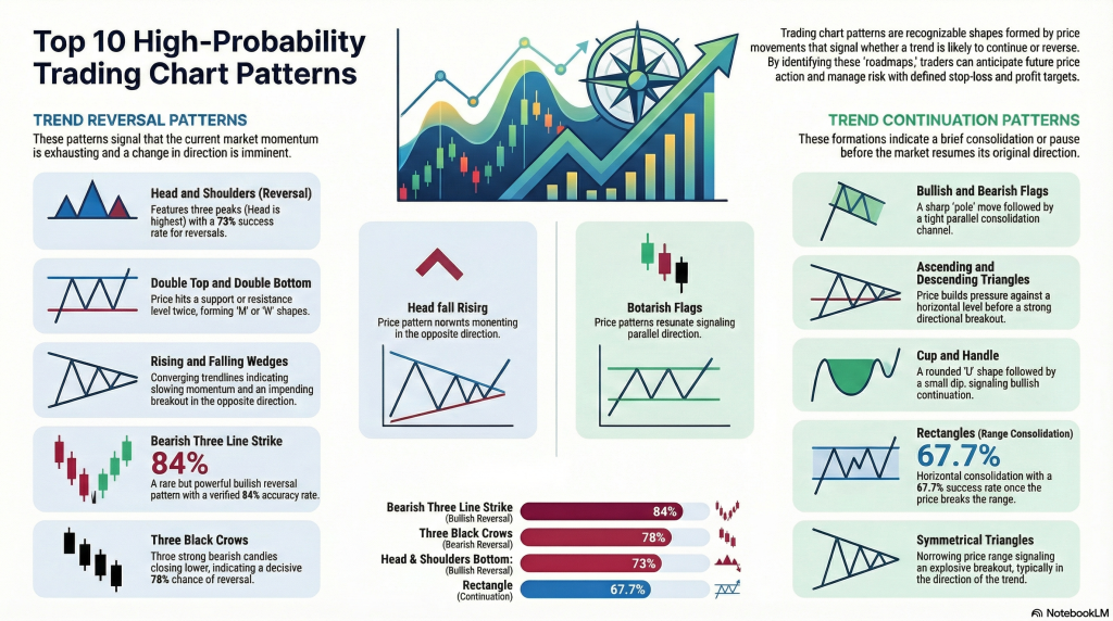 A stylized digital illustration of three people sitting around a desk analyzing stock charts, with a rocket launching in the background, promoting an article titled "30 Stock Trading Patterns" by Quantified Strategies.