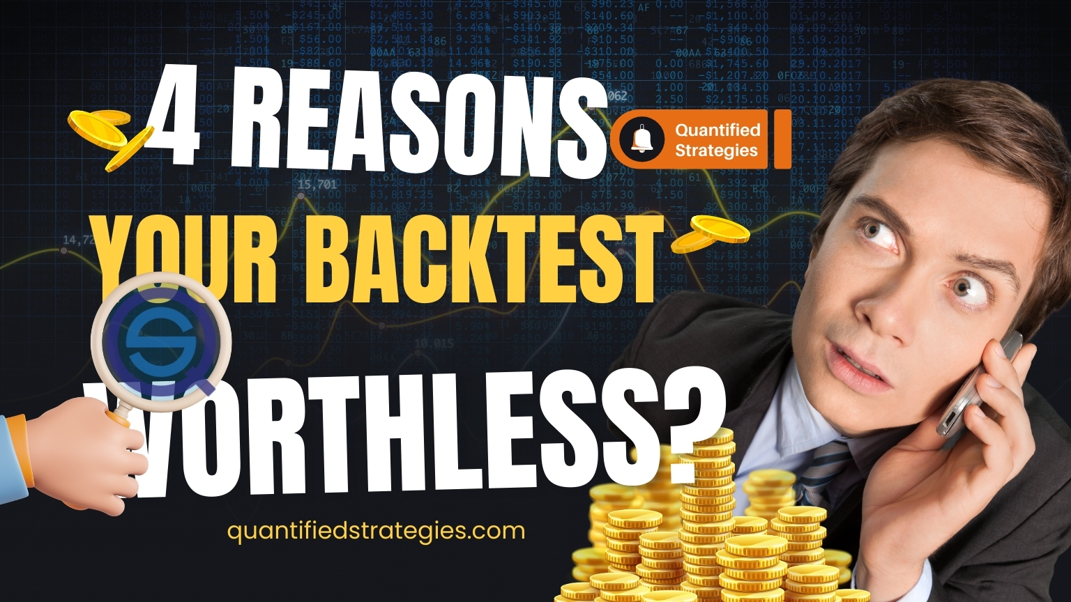A professional article banner titled "4 Reasons Your Backtest Might Be Worthless?" featuring a man on a phone looking surprised next to stacks of gold coins and a magnifying glass held over the Quantified Strategies logo.