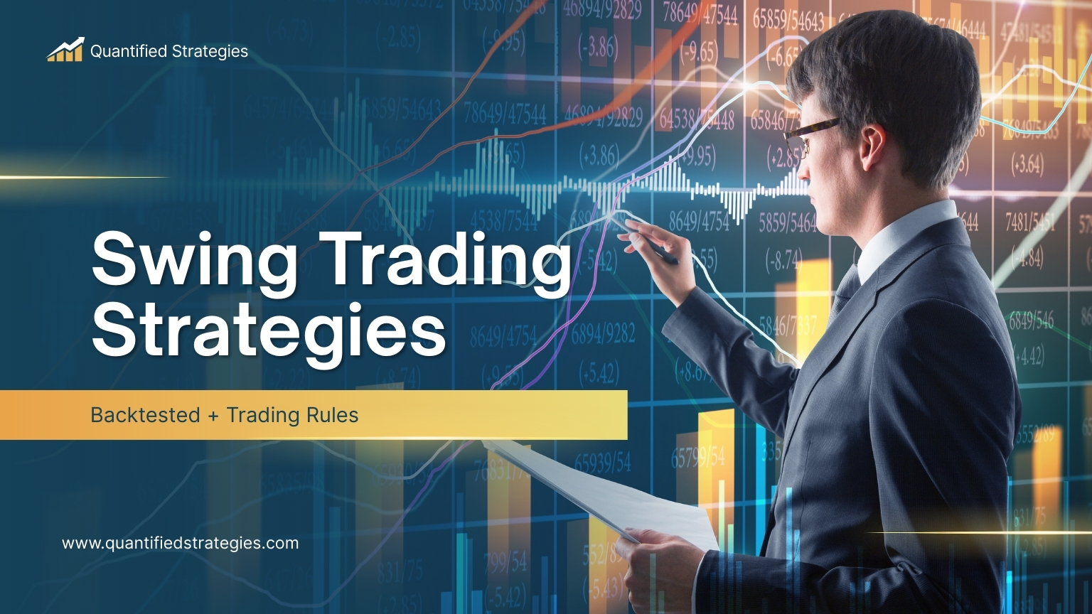 A professional hero image for a financial article titled "Swing Trading Strategies: Backtested + Trading Rules".