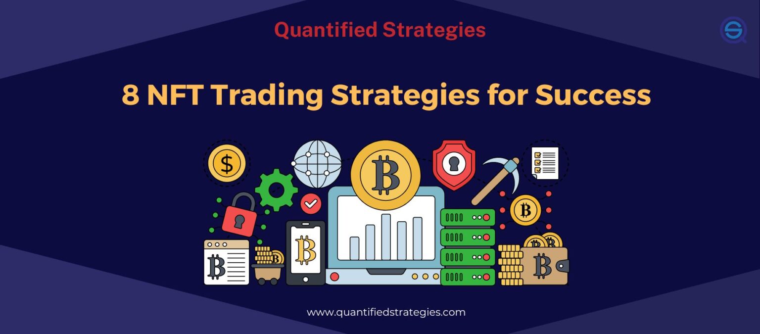 Featured header for "8 NFT Trading Strategies for Success" showcasing digital icons for Bitcoin, secure wallets, data analytics, and blockchain mining.