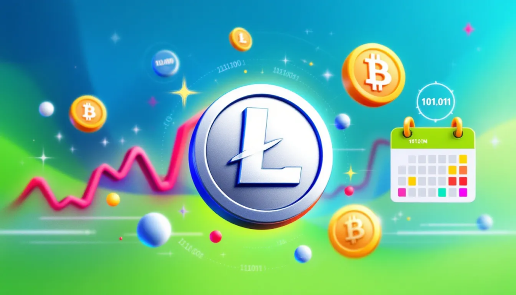 A vibrant 3D illustration featuring a central silver Litecoin (LTC) coin, a calendar icon with highlighted dates, a rising red trend line, and floating Bitcoin symbols.