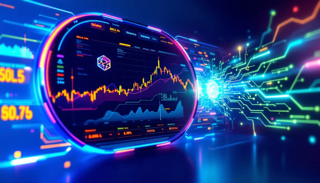 A high-tech digital interface showing the Solana (SOL) futures trading contract advantages, including ultra-low transaction fees below $0.01 and high-speed throughput metrics.
