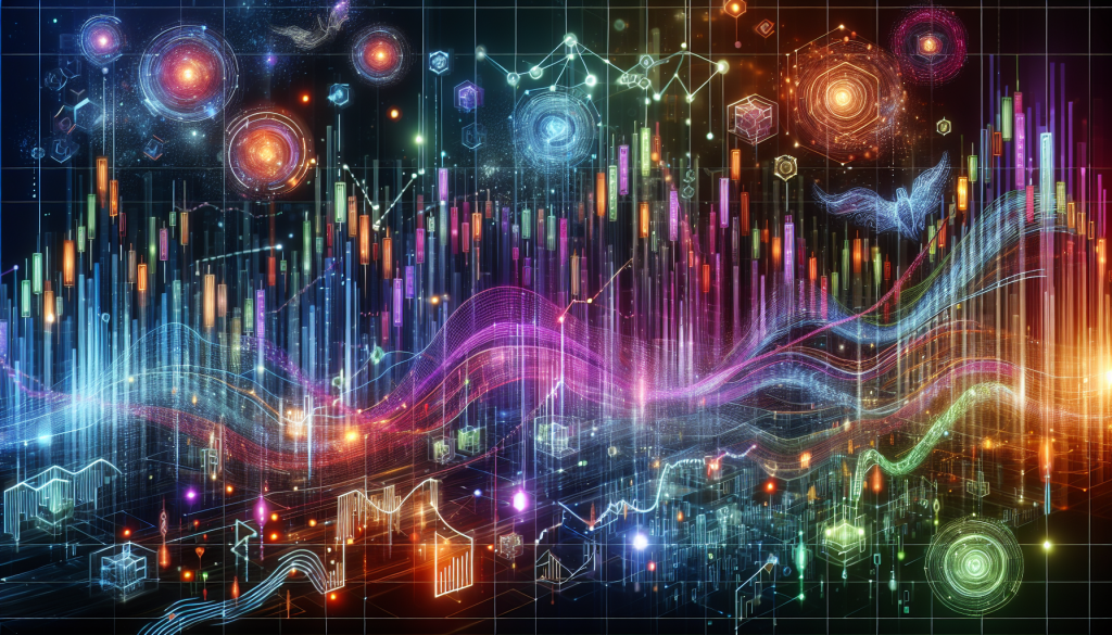 A complex digital visualization of algorithmic trading strategies powered by machine learning, featuring glowing financial candlesticks, wave-like data patterns, and orbital data nodes in a neon-lit cybernetic environment.