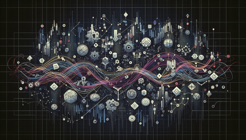 A complex digital art piece visualizing an algorithmic trading strategy with interconnected data points, geometric shapes, and flowing neon trend lines on a dark grid background.