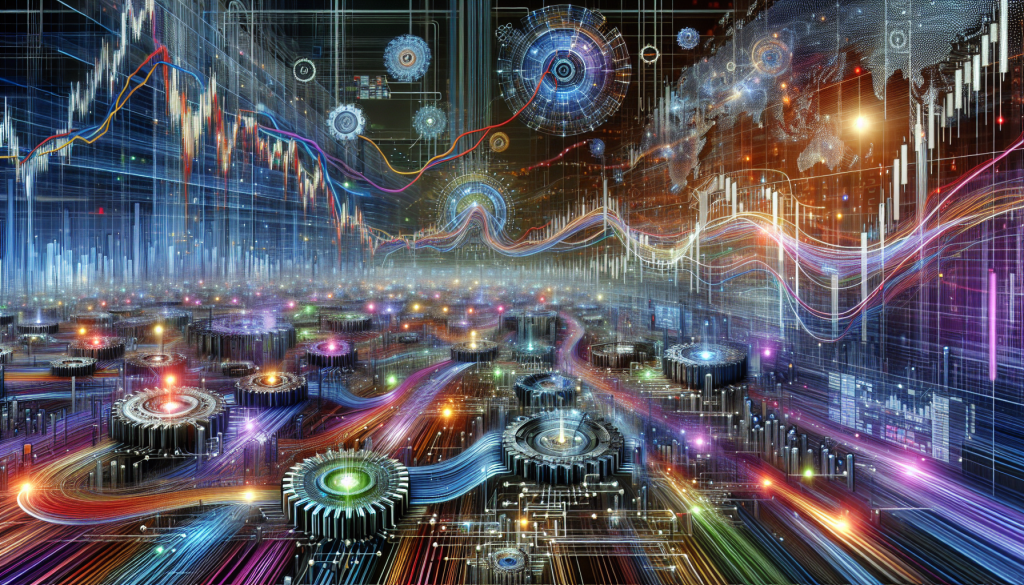 A futuristic digital visualization of algorithmic trading systems featuring glowing mechanical gears, fiber-optic data paths, and dynamic financial charts across a cybernetic landscape.