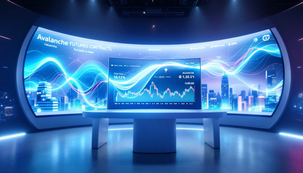 A high-tech, futuristic trading command center featuring large curved displays showing "Avalanche Futures Contracts" with glowing price action waves and AVAX market data.