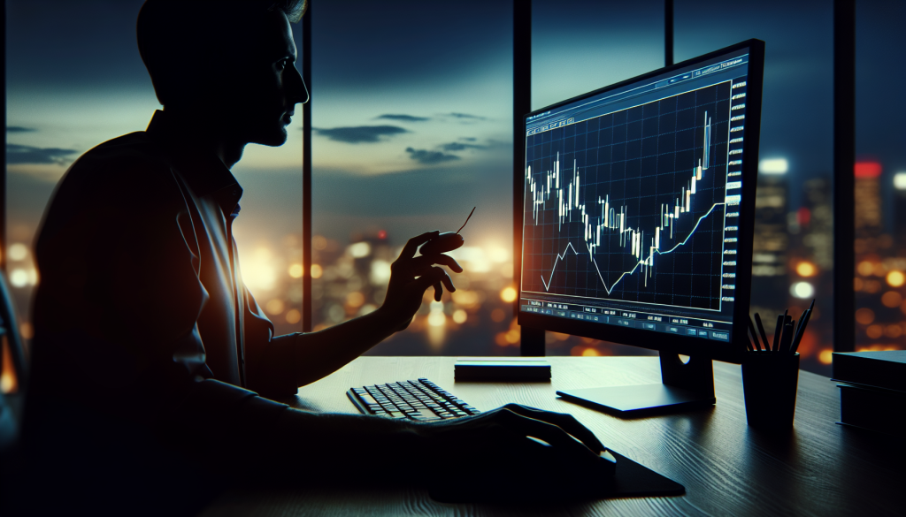 A silhouette of a trader analyzing a Bullish Marubozu pattern on a computer monitor in a dimly lit office at night. The screen displays a clear candlestick chart with a long-bodied green candle breaking out, overlooking a glowing city skyline in the background.