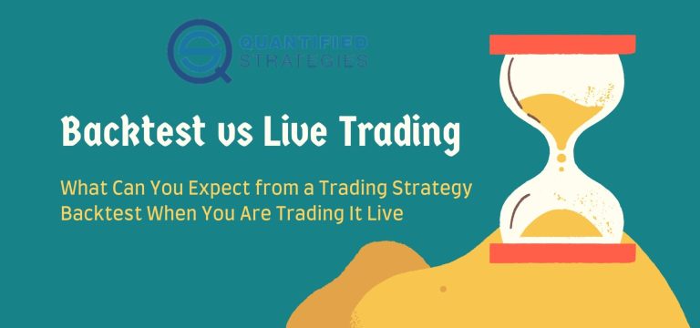 A professional article banner titled "Backtest vs Live Trading" featuring an hourglass symbol to represent the transition from historical data to real-time execution.