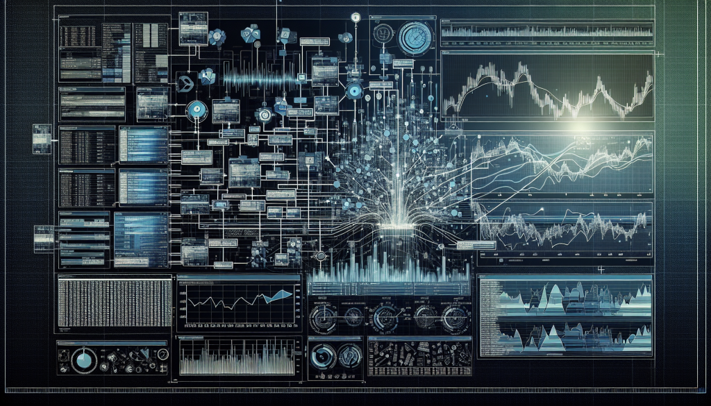 A complex technical blueprint of an algorithmic trading backtest, featuring a central data node connected to multiple charts, heatmaps, and performance metrics on a dark, grid-based interface.