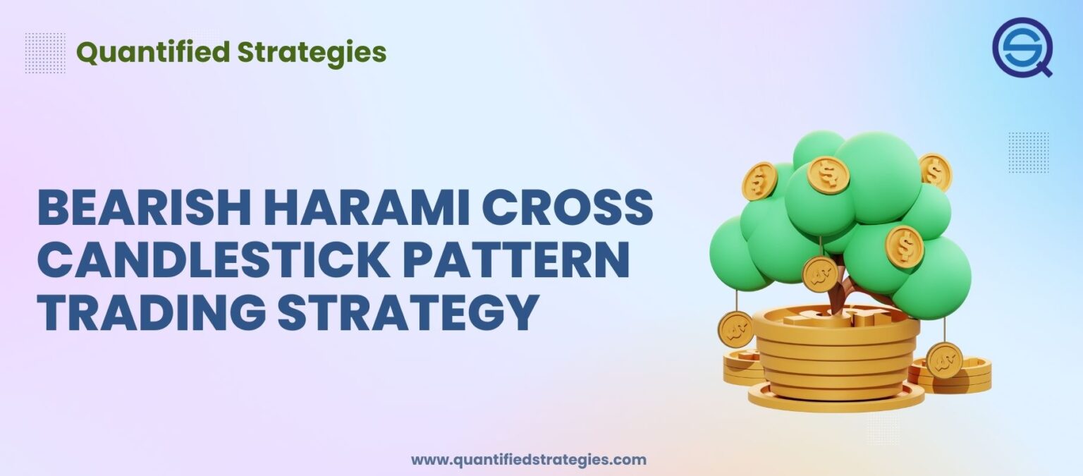 A professional featured banner titled "Bearish Harami Cross Candlestick Pattern Trading Strategy" by Quantified Strategies.
