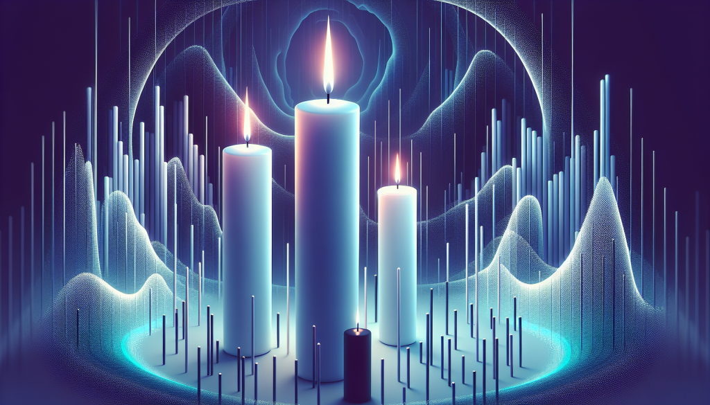 A stylized 3D digital illustration of the Bearish Side-by-Side White Lines candlestick pattern, featuring three glowing white candles on a futuristic blue data-driven background with abstract price waves.
