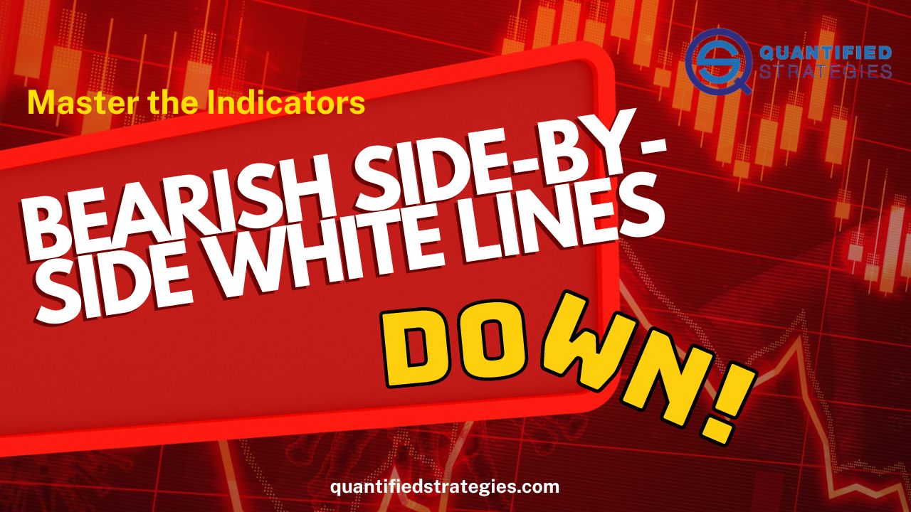 Featured article header for "Bearish Side-by-Side White Lines" by Quantified Strategies, showing a professional in a suit interacting with a glowing digital financial chart and stock market data.